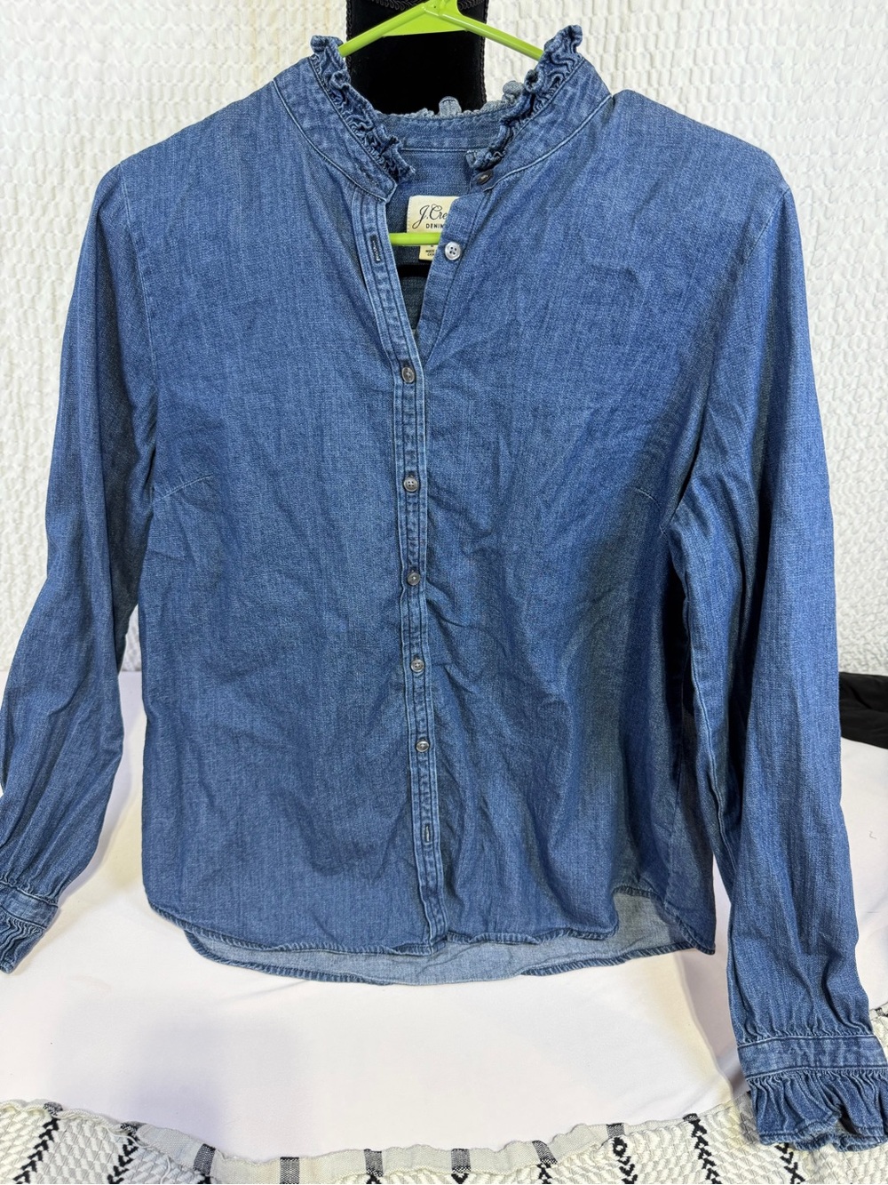 J. Crew Indigo Denim Ruffle-Neck Button Front Blouse